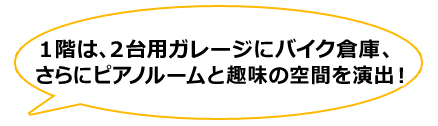 1階は、2台用ガレージにバイク倉庫、さらにピアノルームと趣味の空間を演出！